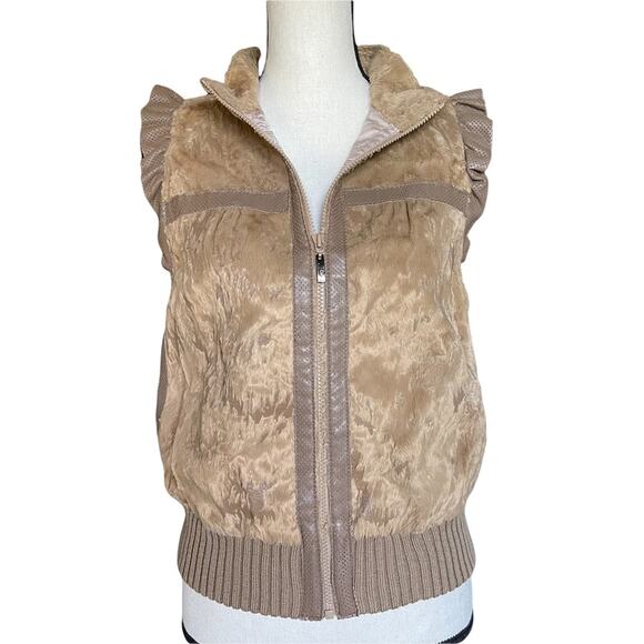 Diffa Italy Faux Fur Leather Ruffle Trim Shoulder Zip Front Vest Women's Size M - Picture 3 of 12